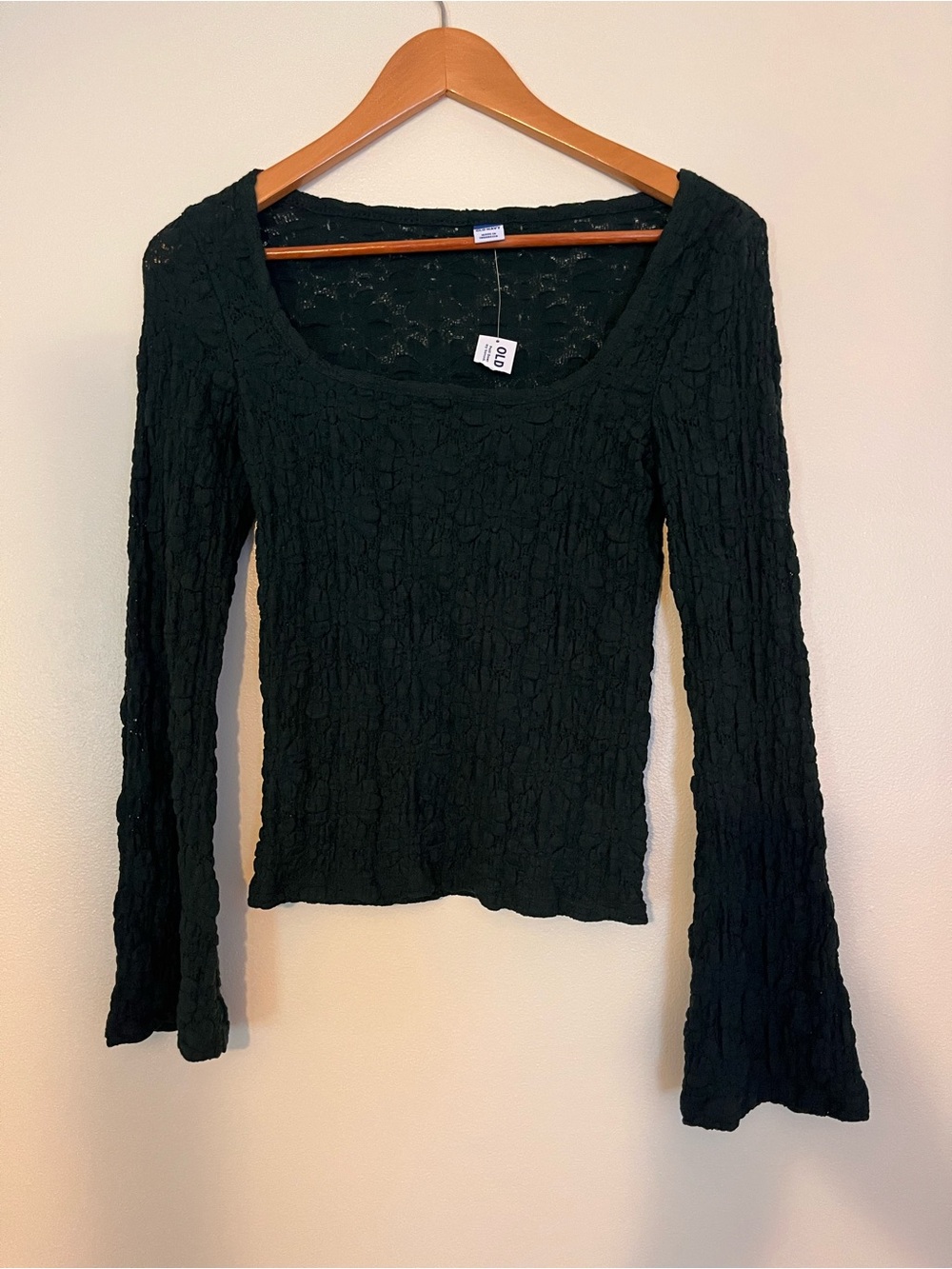 Old Navy Dark Green Sheer Long-Sleeve Textured Scoop Neck Top